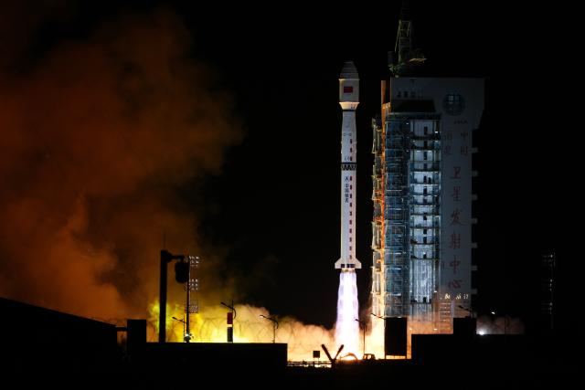 (261024) -- JIUQUAN, Oct. 24, 2026 (Xinhua) -- A Long March-4B carrier rocket carrying two groups of remote sensing satellites blasts off from the Jiuquan Satellite Launch Center in northwest China, Oct. 24, 2026. The satellites 07-09 of the Yaogan-53 group and the satellites 19-21 of the Yaogan-56 group were launched at 3:25 a.m. (Beijing Time) aboard a Long March-4B carrier rocket, and they entered the preset orbits successfully. (Photo by Wang Jiangbo/Xinhua)