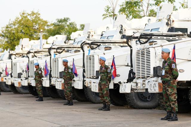 (261024) -- PHNOM PENH, Oct. 24, 2026 (Xinhua) -- Cambodian military personnel take part in a ceremony marking the 20th anniversary of Cambodia's participation in United Nations (UN) peacekeeping operations in Kampong Speu province, Cambodia, Oct. 24, 2026.
  Cambodia on Saturday celebrated the 20th anniversary of its participation in UN peacekeeping operations, vowing to expand its role in maintaining regional and global stability, security, and development. (Photo by Nitola/Xinhua)