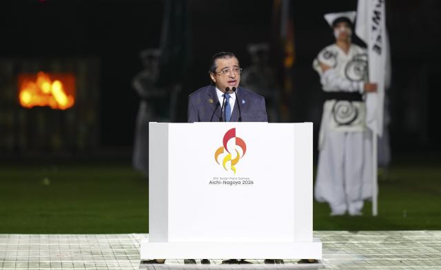 (261024) -- NAGOYA, Oct. 24, 2026 (Xinhua) -- Majid Rashed, president of the Asian Paralympic Committee, speaks during the closing ceremony of the Aichi-Nagoya Asian Para Games in Nagoya, Japan, Oct. 24, 2026. (Xinhua/Jia Haocheng)