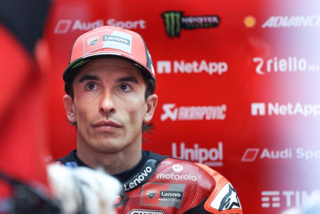 (261024) -- PHILLIP ISLAND, Oct. 24, 2026 (Xinhua) -- Ducati Lenovo Team's Marc Marquez of Spain reacts before the qualifying session of the MotoGP Australian Grand Prix 2026 at the Phillip Island Grand Prix Circuit in Phillip Island, Victoria, Australia, Oct. 24, 2026. (Photo by Jin Cheng/Xinhua)
