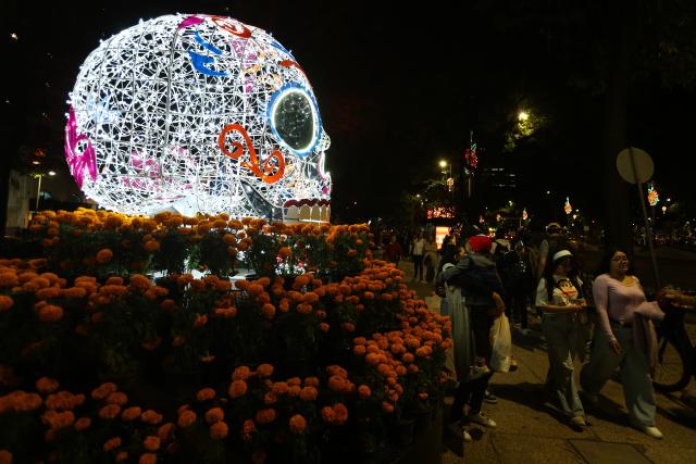 (261024) -- MEXICO CITY, Oct. 24, 2026 (Xinhua) -- People walk past a skull-shaped light art installation surrounded by marigolds along Paseo de la Reforma in Mexico City, capital of Mexico, Oct. 23, 2026. As the Day of the Dead approaches, giant light sculptures along Paseo de la Reforma in Mexico City, capital of Mexico, are illuminated. (Photo by Francisco Canedo/Xinhua)