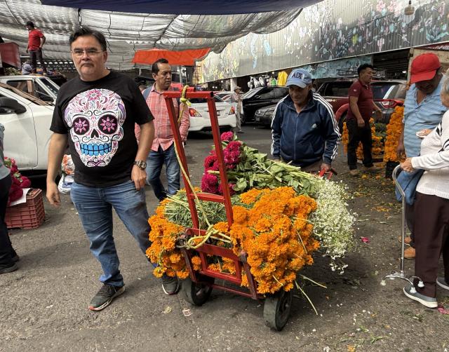 (261024) -- MEXICO CITY, Oct. 24, 2026 (Xinhua) -- This photo taken with a mobile phone shows people buying flowers ahead of the traditional Day of the Dead celebrations at a market in Mexico City, Mexico, Oct. 24, 2026. (Xinhua/Wu Wei)