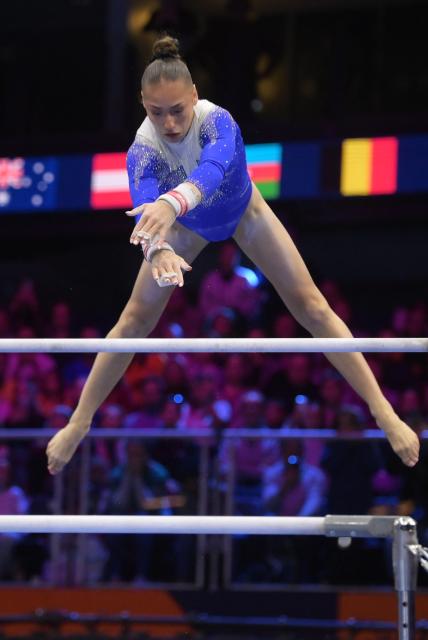 (261025) -- ROTTERDAM, Oct. 25, 2026 (Xinhua) -- Kaylia Nemour of Algeria competes during the women's uneven bars final at the Artistic Gymnastics World Championships 2026 in Rotterdam, the Netherlands, Oct. 24, 2026. (Xinhua/Weng Xinyang)