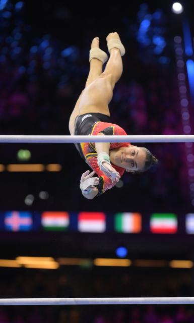 (261025) -- ROTTERDAM, Oct. 25, 2026 (Xinhua) -- Helen Kevric of Germany competes during the women's uneven bars final at the Artistic Gymnastics World Championships 2026 in Rotterdam, the Netherlands, Oct. 24, 2026. (Xinhua/Weng Xinyang)