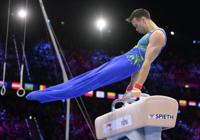 (261025) -- ROTTERDAM, Oct. 25, 2026 (Xinhua) -- Nariman Kurbanov of Kazakhstan competes during the men's pommel horse final at the Artistic Gymnastics World Championships 2026 in Rotterdam, the Netherlands, Oct. 24, 2026. (Xinhua/Weng Xinyang)