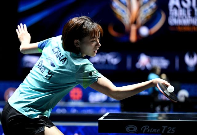 (261025) -- TASHKENT, Oct. 25, 2026 (Xinhua) -- Chen Yi of China hits a return during the women's singles semifinals against Wang Yidi of China at the 29th ITTF-Asian Table Tennis Championships in Tashkent, Uzbekistan, Oct. 25, 2026. (Xinhua/Feng Kaihua)
