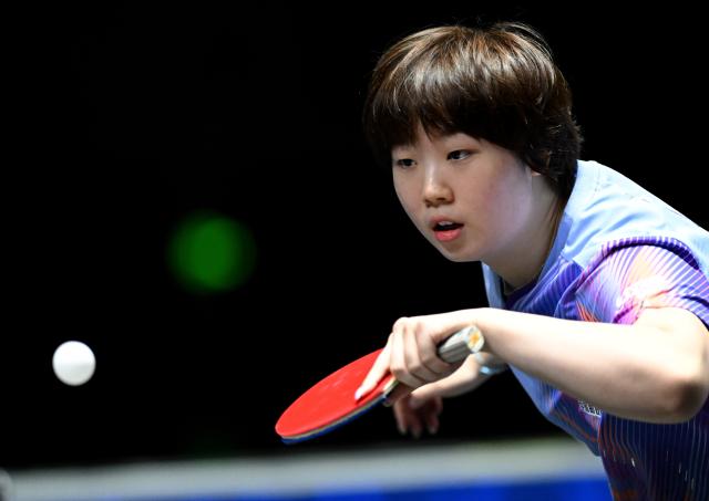 (261025) -- TASHKENT, Oct. 25, 2026 (Xinhua) -- Kuai Man of China hits a return during the women's singles semifinal against Harimoto Miwa of Japan at the 29th ITTF-Asian Table Tennis Championships in Tashkent, Uzbekistan, Oct. 25, 2026. (Xinhua/Feng Kaihua)