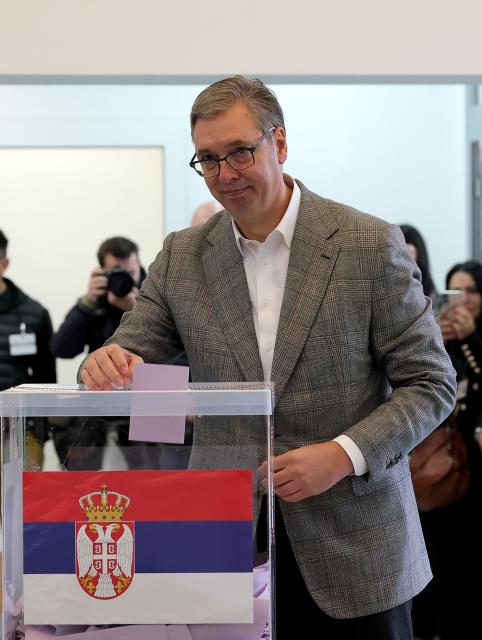 (261025) -- BELGRADE, Oct. 25, 2026 (Xinhua) -- Former Serbian President Aleksandar Vucic casts his ballot for the early parliamentary election at a polling station in Belgrade, Serbia, on Oct. 25, 2026. Polling stations opened across Serbia at 7 a.m. local time (0600 GMT) on Sunday in snap parliamentary elections to elect the country's 250-seat National Assembly. (Photo by Predrag Milosavljevic/Xinhua)