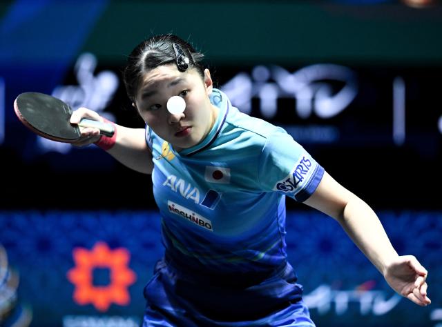 (261025) -- TASHKENT, Oct. 25, 2026 (Xinhua) -- Harimoto Miwa of Japan serves during the women's singles final against Chen Yi of China at the 29th ITTF-Asian Table Tennis Championships in Tashkent, Uzbekistan, Oct. 25, 2026. (Xinhua/Feng Kaihua)