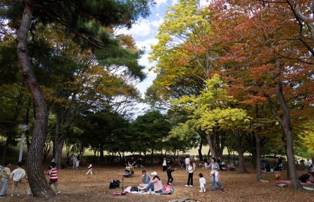 (261025) -- SEOUL, Oct. 25, 2026 (Xinhua) -- People enjoy themselves at the Olympic Park in Seoul, South Korea, Oct. 25, 2026. (Photo by Jun Hyosang/Xinhua)