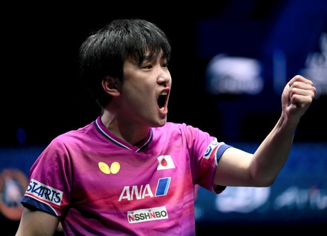 (261025) -- TASHKENT, Oct. 25, 2026 (Xinhua) -- Harimoto Tomokazu of Japan celebrates during the men's singles final against Li Tianyang of China at the 29th ITTF-Asian Table Tennis Championships in Tashkent, Uzbekistan, Oct. 25, 2026. (Xinhua/Feng Kaihua)