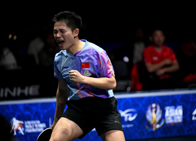 (261025) -- TASHKENT, Oct. 25, 2026 (Xinhua) -- Li Tianyang of China celebrates during the men's singles final against Harimoto Tomokazu of Japan at the 29th ITTF-Asian Table Tennis Championships in Tashkent, Uzbekistan, Oct. 25, 2026. (Xinhua/Feng Kaihua)