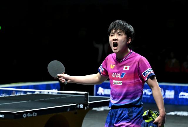 (261025) -- TASHKENT, Oct. 25, 2026 (Xinhua) -- Harimoto Tomokazu of Japan celebrates during the men's singles final against Li Tianyang of China at the 29th ITTF-Asian Table Tennis Championships in Tashkent, Uzbekistan, Oct. 25, 2026. (Xinhua/Feng Kaihua)