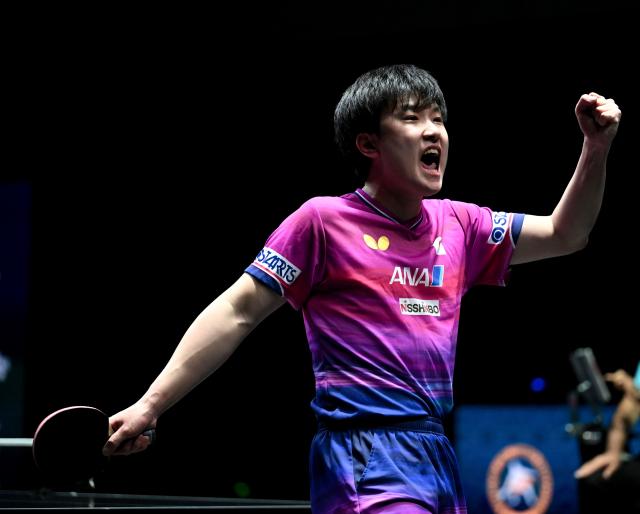 (261025) -- TASHKENT, Oct. 25, 2026 (Xinhua) -- Harimoto Tomokazu of Japan celebrates during the men's singles final against Li Tianyang of China at the 29th ITTF-Asian Table Tennis Championships in Tashkent, Uzbekistan, Oct. 25, 2026. (Xinhua/Feng Kaihua)