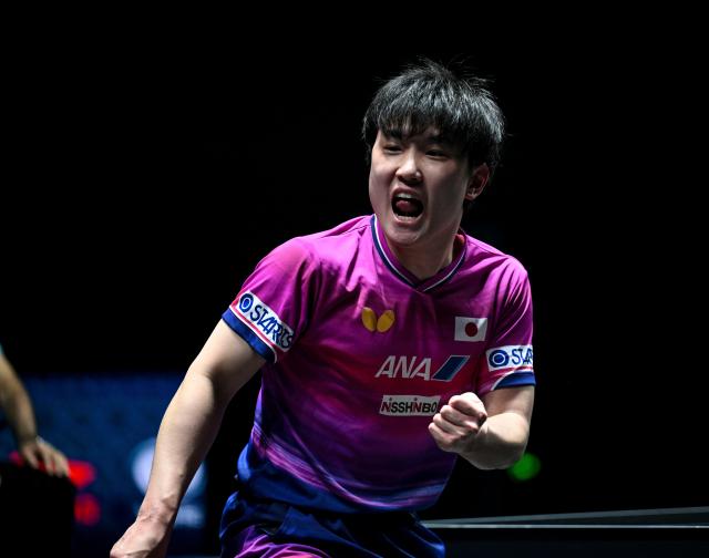 (261025) -- TASHKENT, Oct. 25, 2026 (Xinhua) -- Harimoto Tomokazu of Japan celebrates during the men's singles final against Li Tianyang of China at the 29th ITTF-Asian Table Tennis Championships in Tashkent, Uzbekistan, Oct. 25, 2026. (Xinhua/Feng Kaihua)