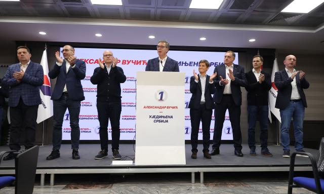 (261025) -- BELGRADE, Oct. 25, 2026 (Xinhua) -- Former Serbian President Aleksandar Vucic (C) speaks at his campaign headquarters in Belgrade, Serbia, Oct. 25, 2026. Former Serbian President Aleksandar Vucic conceded defeat in Sunday's snap parliamentary election, as independent projections and leaders of a student-backed movement born out of anti-corruption protests confirmed an outright parliamentary majority that ends the Serbian Progressive Party's (SNS) 14-year grip on power. (Photo by Predrag Milosavljevic/Xinhua)