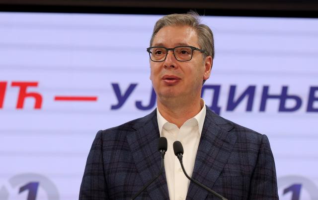(261025) -- BELGRADE, Oct. 25, 2026 (Xinhua) -- Former Serbian President Aleksandar Vucic speaks at his campaign headquarters in Belgrade, Serbia, Oct. 25, 2026. Former Serbian President Aleksandar Vucic conceded defeat in Sunday's snap parliamentary election, as independent projections and leaders of a student-backed movement born out of anti-corruption protests confirmed an outright parliamentary majority that ends the Serbian Progressive Party's (SNS) 14-year grip on power. (Photo by Predrag Milosavljevic/Xinhua)