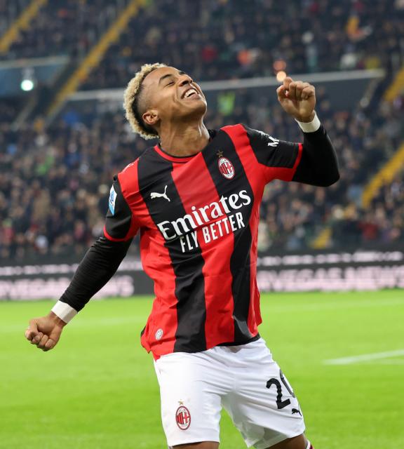 (261026) -- UDINE, Oct. 26, 2026 (Xinhua) -- AC Milan's Omari Hutchinson celebrates his goal during a Serie A football match between Udinese and AC Milan in Udine, Italy, Oct. 25, 2026. (Photo by Diego Petrussi/Xinhua)