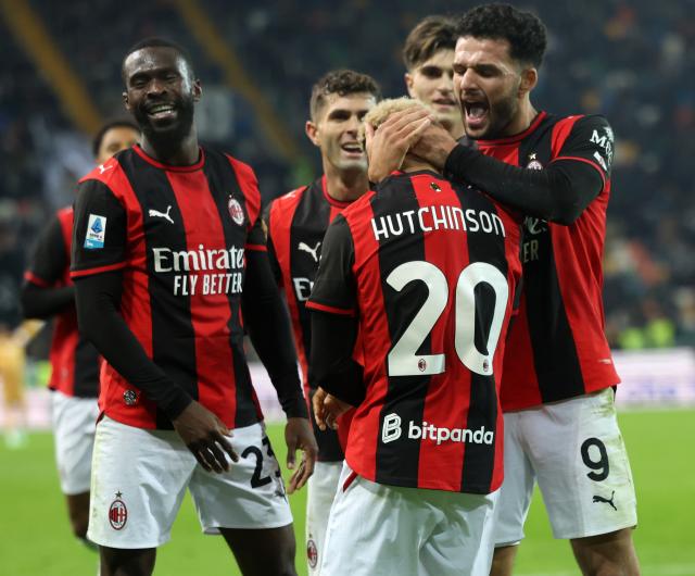 (261026) -- UDINE, Oct. 26, 2026 (Xinhua) -- AC Milan's Omari Hutchinson (front) celebrates his goal with teammates during a Serie A football match between Udinese and AC Milan in Udine, Italy, Oct. 25, 2026. (Photo by Diego Petrussi/Xinhua)