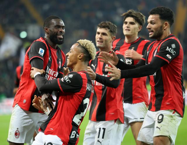 (261026) -- UDINE, Oct. 26, 2026 (Xinhua) -- AC Milan's Omari Hutchinson (2nd L) celebrates his goal with teammates during a Serie A football match between Udinese and AC Milan in Udine, Italy, Oct. 25, 2026. (Photo by Diego Petrussi/Xinhua)