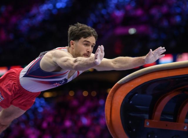 (261026) -- ROTTERDAM, Oct. 26, 2026 (Xinhua) -- Harry Hepworth of Britain competes during the men's vault final at the Artistic Gymnastics World Championships 2026 in Rotterdam, the Netherlands, Oct. 25, 2026. (Xinhua/Weng Xinyang)