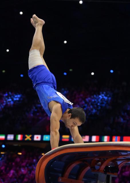 (261026) -- ROTTERDAM, Oct. 26, 2026 (Xinhua) -- Artur Davtyan of Armenia competes during the men's vault final at the Artistic Gymnastics World Championships 2026 in Rotterdam, the Netherlands, Oct. 25, 2026. (Xinhua/Weng Xinyang)