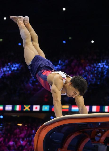 (261026) -- ROTTERDAM, Oct. 26, 2026 (Xinhua) -- Jake Jarman of Britain competes during the men's vault final at the Artistic Gymnastics World Championships 2026 in Rotterdam, the Netherlands, Oct. 25, 2026. (Xinhua/Weng Xinyang)