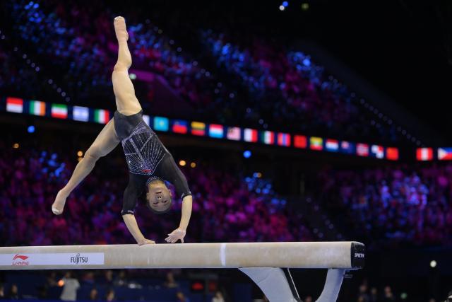 (261026) -- ROTTERDAM, Oct. 26, 2026 (Xinhua) -- Zhang Qingying of China competes during the women's balance beam final at the Artistic Gymnastics World Championships 2026 in Rotterdam, the Netherlands, Oct. 25, 2026. (Xinhua/Weng Xinyang)