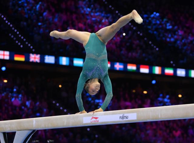 (261026) -- ROTTERDAM, Oct. 26, 2026 (Xinhua) -- Kaylia Nemour of Algeria competes during the women's balance beam final at the Artistic Gymnastics World Championships 2026 in Rotterdam, the Netherlands, Oct. 25, 2026. (Xinhua/Weng Xinyang)