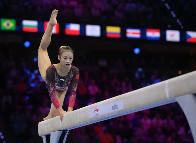 (261026) -- ROTTERDAM, Oct. 26, 2026 (Xinhua) -- Qiu Qiyuan of China competes during the women's balance beam final at the Artistic Gymnastics World Championships 2026 in Rotterdam, the Netherlands, Oct. 25, 2026. (Xinhua/Weng Xinyang)