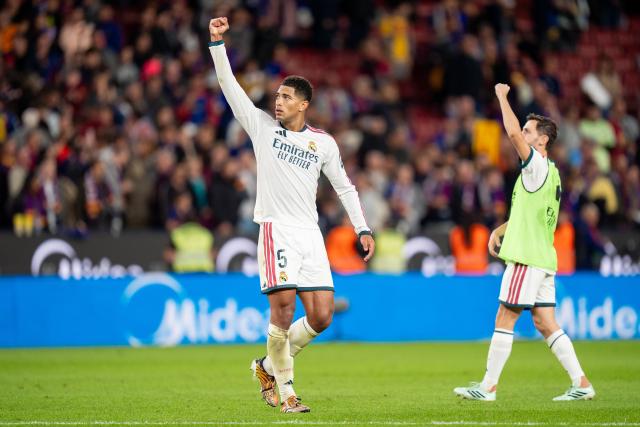 (261026) -- BARCELONA, Oct. 26, 2026 (Xinhua) -- Real Madrid CF's player Jude Bellingham (L) celebrates the victory after the La Liga football match between FC Barcelona and Real Madrid CF in Barcelona, Spain, on Oct. 25, 2026. (Photo by Joan Gosa/Xinhua)