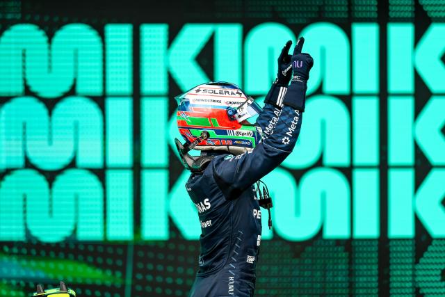 (261026) -- AUSTIN, Oct. 26, 2026 (Xinhua) -- Mercedes' Kimi Antonelli of Italy celebrates winning the Formula One United States Grand Prix, in Austin, Texas, the United States, Oct. 25, 2026. (Photo by Song Haiyuan/Xinhua)