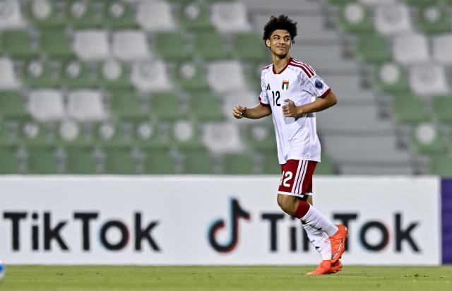 (261026) -- DOHA, Oct. 26, 2026 (Xinhua) -- Ali Hassan Alblooshi of the United Arab Emirates celebrates after scoring a goal during the Gulf Football Federation (GFF) Gulf Cup U-17 Qatar 2026 football match between China and the United Arab Emirates in Doha, Qatar, Oct. 25, 2026. (Photo by Nikku/Xinhua)