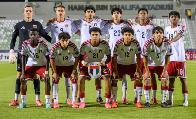 (261026) -- DOHA, Oct. 26, 2026 (Xinhua) -- Starting players of the United Arab Emirates pose for a group photo before the Gulf Football Federation (GFF) Gulf Cup U-17 Qatar 2026 football match between China and the United Arab Emirates in Doha, Qatar, Oct. 25, 2026. (Photo by Nikku/Xinhua)