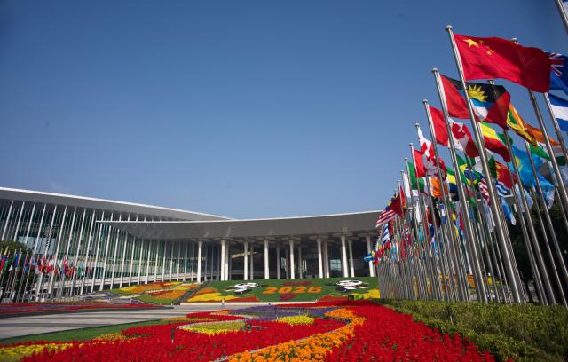 (261026) -- SHANGHAI, Oct. 26, 2026 (Xinhua) -- This photo taken on Oct. 26, 2026 shows the south square of the National Exhibition and Convention Center (Shanghai), the main venue for the ninth China International Import Expo (CIIE), in east China's Shanghai. Preparations are in full swing for the ninth CIIE, which is scheduled to take place from Nov. 5 to Nov. 10 in Shanghai. (Xinhua/Fang Zhe)