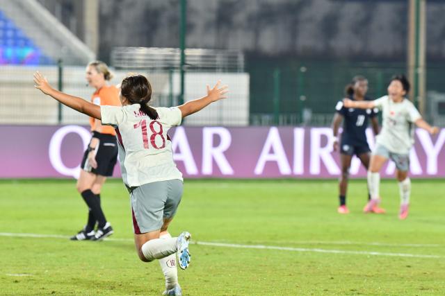 (261026) -- RABAT, Oct. 26, 2026 (Xinhua) -- Wu Yichen of China celebrates a goal during the Group E match between China and the United States at the FIFA U-17 Women's World Cup, in Rabat, Morocco, on Oct. 25, 2026. (Photo by Aissa/Xinhua)