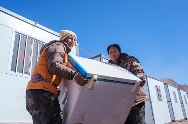 (261026) -- BAQEN, Oct. 26, 2026 (Xinhua) -- Residents carry a fridge at a resettlement site of a quake-hit village in Maru Township of Baqen County, Nagqu City, southwest China's Xizang Autonomous Region, Oct. 26, 2026.
  The first 60 prefabricated housing units in the earthquake zone were completed at 2:10 a.m. on Oct. 25, and electricity was connected to the units by 8 p.m. on the same day. (Xinhua/Tenzin Nyida)