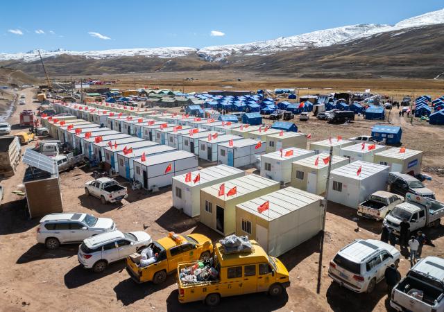 (261026) -- BAQEN, Oct. 26, 2026 (Xinhua) -- A drone photo taken on Oct. 26, 2026 shows prefabricated houses at a resettlement site of a quake-hit village in Maru Township of Baqen County, Nagqu City, southwest China's Xizang Autonomous Region.
  The first 60 prefabricated housing units in the earthquake zone were completed at 2:10 a.m. on Oct. 25, and electricity was connected to the units by 8 p.m. on the same day. (Xinhua/Gaesang Namgyae)