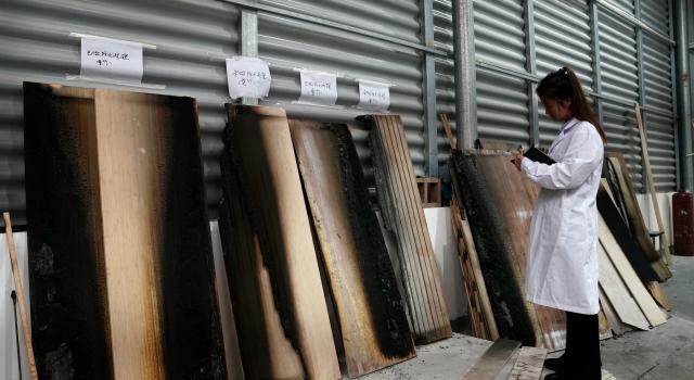 (261026) -- NANCHANG, Oct. 26, 2026 (Xinhua) -- A staff member tests the flame-retardant performance of bamboo products at a bamboo company in Shangyou County, east China's Jiangxi Province, Oct. 26, 2026. Shangyou County in east China's Jiangxi is a major bamboo-producing area. In recent years, its industrial chain has expanded into high-value-added fields such as bamboo building, bamboo fiber, and bamboo charcoal. 
   As of December 2025, the county's bamboo industry had a total output value of 883 million yuan (about 131.5 million U.S. dollars), with products exported to over 30 countries and regions. (Xinhua/Hu Chenhuan)