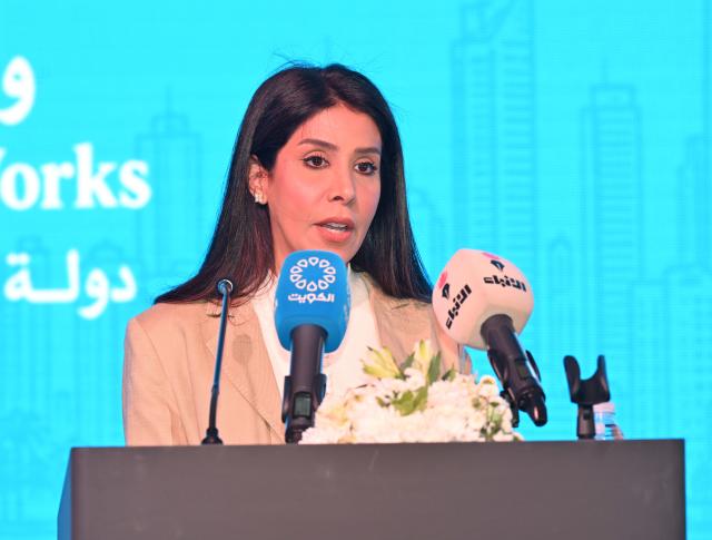 (261026) -- JAHRA GOVERNORATE, Oct. 26, 2026 (Xinhua) -- Kuwaiti Minister of Public Works Noura Al-Mashaan speaks during a groundbreaking ceremony for a wastewater treatment plant in Jahra Governorate, Kuwait, Oct. 26, 2026. A groundbreaking ceremony was held in Kuwait on Monday for a wastewater treatment plant undertaken by China State Construction Engineering Corporation Ltd., marking another step forward in infrastructure and environmental cooperation between China and Kuwait.
   TO GO WITH "Chinese-built wastewater treatment project breaks ground in Kuwait" (Photo by Asad/Xinhua)
