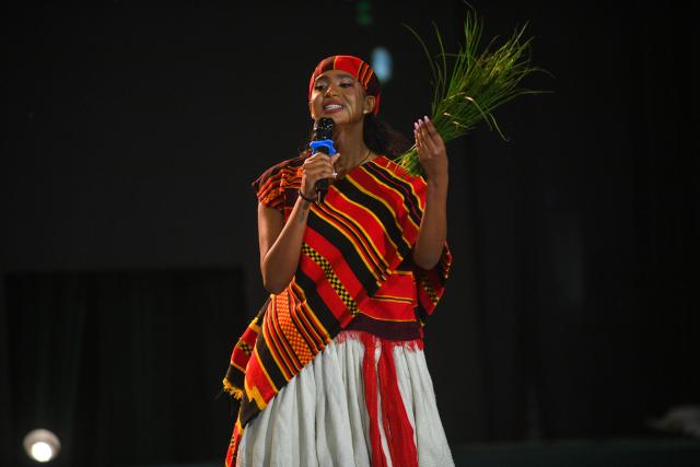 (261026) -- ADDIS ABABA, Oct. 26, 2026 (Xinhua) -- A contestant presents herself at Face of Ethiopia, a Chinese company-sponsored fashion show, held in Addis Ababa, the capital of Ethiopia, on Oct. 25, 2026. TO GO WITH "Chinese-sponsored fashion show promotes Ethiopian culture, tourism" (Photo by Michael Tewelde/Xinhua)