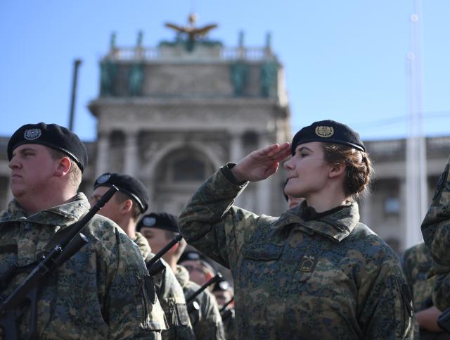 (261026) -- VIENNA, Oct. 26, 2026 (Xinhua) -- Members of Austrian army attend the National Day celebrations in Vienna, Austria, Oct. 26, 2026. (Xinhua/He Canling)