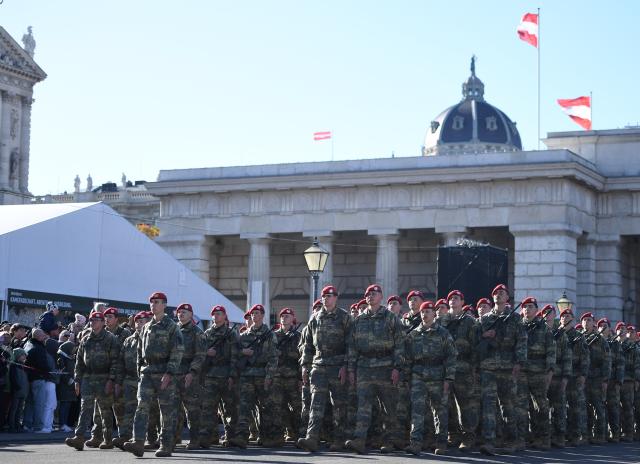 (261026) -- VIENNA, Oct. 26, 2026 (Xinhua) -- Members of Austrian army attend the National Day celebrations in Vienna, Austria, Oct. 26, 2026. (Xinhua/He Canling)