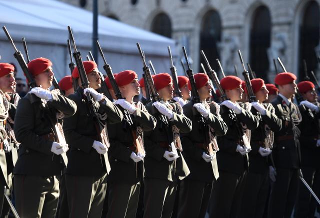 (261026) -- VIENNA, Oct. 26, 2026 (Xinhua) -- Members of honor guard attend the National Day celebrations in Vienna, Austria, Oct. 26, 2026. (Xinhua/He Canling)
