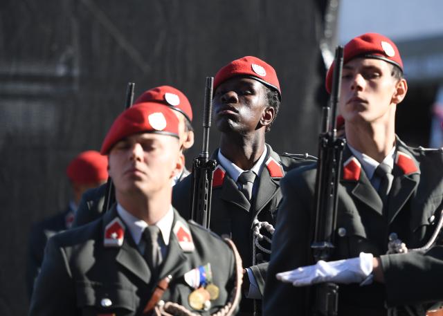(261026) -- VIENNA, Oct. 26, 2026 (Xinhua) -- Members of honor guard attend the National Day celebrations in Vienna, Austria, Oct. 26, 2026. (Xinhua/He Canling)