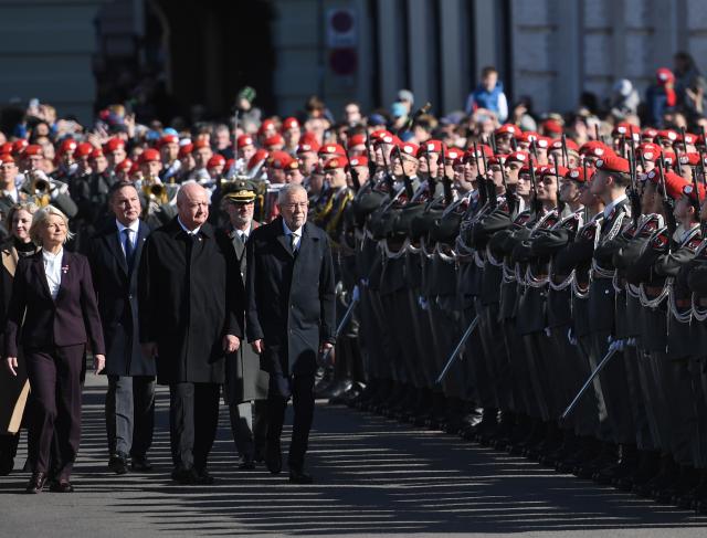 (261026) -- VIENNA, Oct. 26, 2026 (Xinhua) -- Austrian President Alexander Van der Bellen (1st R, front) and Chancellor Christian Stocker (2nd R, front) attend the National Day celebrations in Vienna, Austria, Oct. 26, 2026. (Xinhua/He Canling)