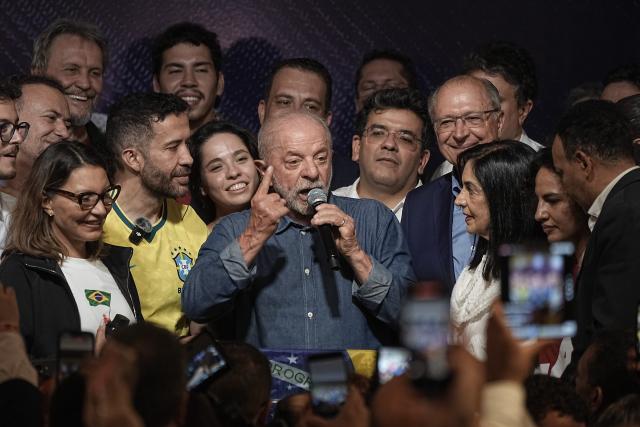 (261027) -- BEIJING, Oct. 27, 2026 (Xinhua) -- Brazilian incumbent President Luiz Inacio Lula da Silva (C), candidate of the ruling Workers' Party, delivers a speech following his victory in the presidential runoff in Sao Paulo, Brazil, Oct. 25, 2026. Lula won Sunday's presidential runoff, according to results released by Brazil's Superior Electoral Court on Sunday night. (Photo by Paulo Lopes/Xinhua)