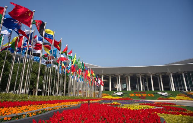 (261027) -- BEIJING, Oct. 27, 2026 (Xinhua) -- This photo taken on Oct. 26, 2026 shows the south square of the National Exhibition and Convention Center (Shanghai), the main venue for the ninth China International Import Expo (CIIE), in east China's Shanghai. Preparations are in full swing for the ninth CIIE, which is scheduled to take place from Nov. 5 to Nov. 10 in Shanghai. (Xinhua/Fang Zhe)