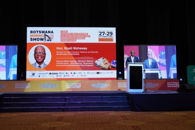 (261027) -- GABORONE, Oct. 27, 2026 (Xinhua) -- Botswana's Minister for State President, Defense and Security Moeti Mohwasa speaks at the official opening of the Botswana Mining Show in Gaborone, Botswana, Oct. 27, 2026. Botswana's mining sector must be a catalyst for broader national transformation, extending beyond the extraction of minerals to the empowerment of people, said Botswana's Minister for State President, Defense and Security Moeti Mohwasa on Tuesday. TO GO WITH "Botswana taps mining as catalyst for national transformation, citizen empowerment" (Xinhua/Guo Chunju)