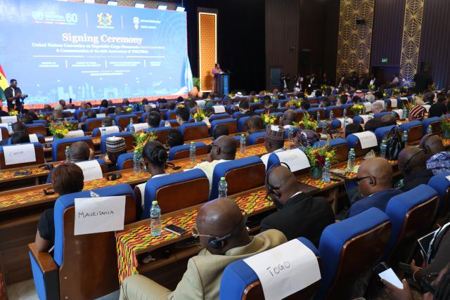 (261028) -- ACCRA, Oct. 28, 2026 (Xinhua) -- This photo taken on Oct. 26, 2026 shows the signing ceremony of the United Nations Convention on Negotiable Cargo Documents in Accra, Ghana. China, Ghana and 24 other countries on Monday became the first signatories to the United Nations Convention on Negotiable Cargo Documents at a signing ceremony in Accra. (Photo by Seth/Xinhua)